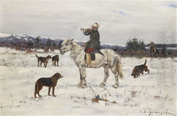 Hunting Scene Oil Painting by Sergei Semyonovich Voroshilov