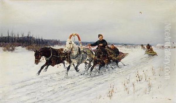 Sleigh Ride Oil Painting by Sergei Semyonovich Voroshilov