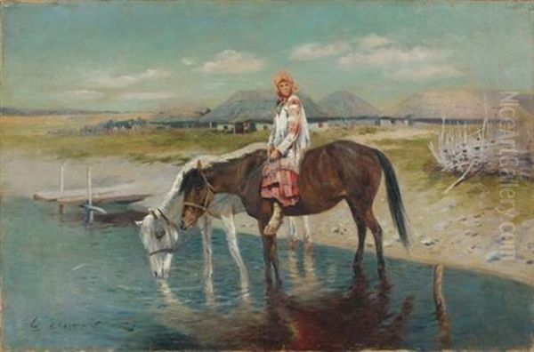 Jeune Fille Russe A Cheval Au Bord De L'eau Oil Painting by Sergei Semyonovich Voroshilov