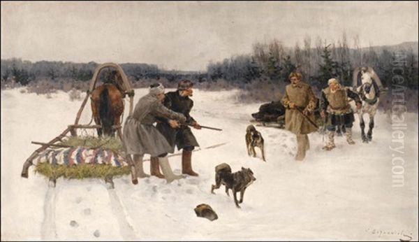 The Bear Hunt Oil Painting by Sergei Semyonovich Voroshilov