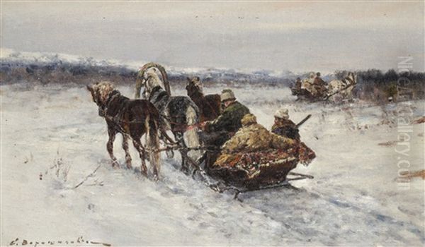 Trojkor I Vinterlandskap Oil Painting by Sergei Semyonovich Voroshilov