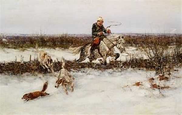 Fox Hunting Scene Oil Painting by Sergei Semyonovich Voroshilov