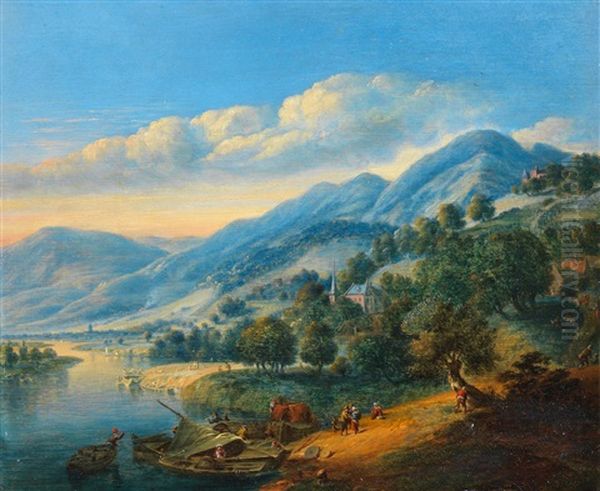 An Extensive River Landscape With Figures On Boats Near The Shore Oil Painting by Johannes Vorsterman