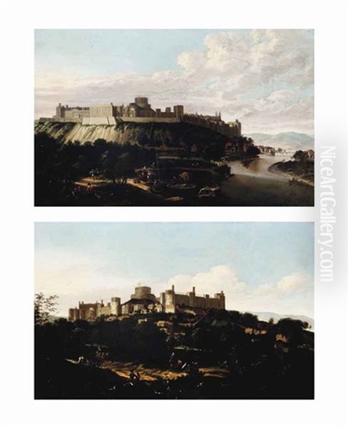 View Of Windsor Castle And The Thames From The North-east With Figures...(+ View Of Windsor Castle From The South-west With Figures On Horseback ...; Pair) Oil Painting by Johannes Vorsterman