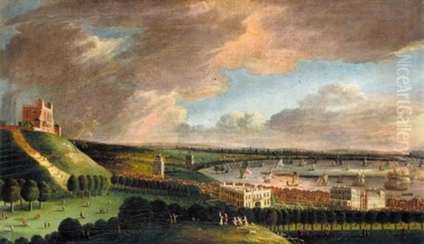 A Prospect Of Greenwich With The Queen's House And The Royal Observatory, The British Fleet On The River Thames Beyond Oil Painting by Johannes Vorsterman