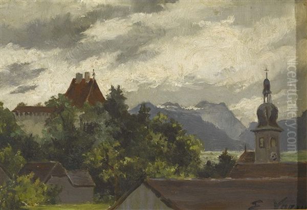 Le Chateau Et Le Village De Vaulruz (fribourg) Oil Painting by Elise Voruz