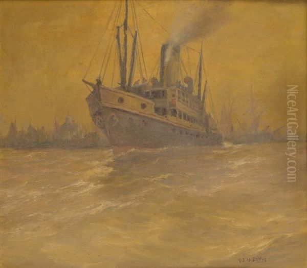 Le Depart Du Bateau A Vapeur Oil Painting by Albert Isidore de Vos