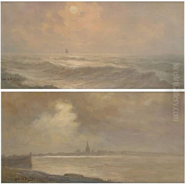 Coucher De Soleil Sur La Mer Du Nord (+ Lever De Soleil Sur La Mer Du Nord; 2 Works) Oil Painting by Albert Isidore de Vos