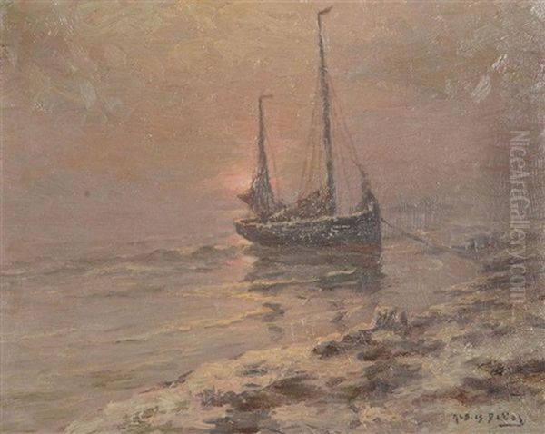 Bateau De Peche Ammare Au Coucher De Soleil Oil Painting by Albert Isidore de Vos