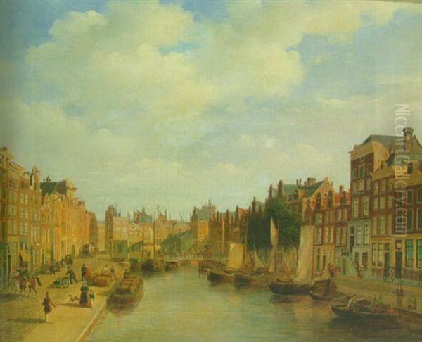 A Townview With Numerous Figures On A Quay Along A Canal Oil Painting by Christoffel Albertus Vos