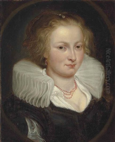 Portrait Of A Woman, Bust Length, In A Black Dress, With A White Ruff And Coral Necklace, In A Feigned Oval Oil Painting by Cornelis De Vos