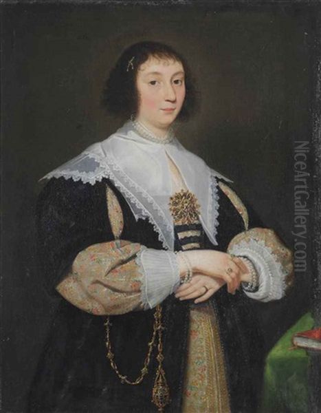 Portrait Of A Lady, In A Gold Embroidered Dress With A Lace Collar, Wearing A Pearl Necklace And A Jewelled Brooch With Diamonds Oil Painting by Cornelis De Vos