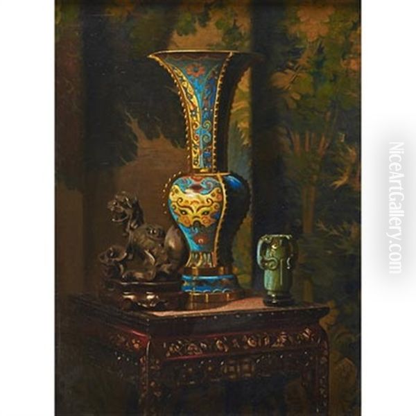 Untitled (still Life With Chinese Vase) Oil Painting by Hubert Vos