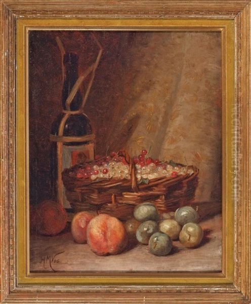 Still Life: Bottle Of Wine, Gooseberries, Peaches And A Basket Of Currants Oil Painting by Hubert Vos