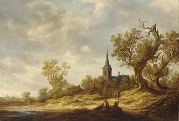 A Dune Landscape With A Village And A Church, And Figures Near A Stream In The Foreground Oil Painting by Jan de (Johannes IV) Vos