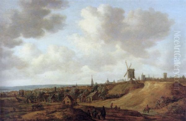 An Extensive View Of A Dutch Town With A Windmill, Several Figures On A Path In The Foreground Oil Painting by Jan de (Johannes IV) Vos