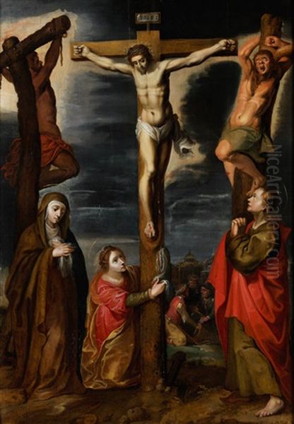 Gekreuzigter Christus Und Die Beiden Schacher, Madonna, Magdalena Und Evangelist Johannes Oil Painting by Marten de Vos