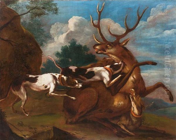 Drei Jagdhunde Stellen Einen Hirsch In Abendlicher Landschaft Oil Painting by Paul de Vos