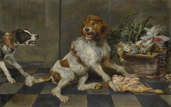 Two Dogs With A Joint Of Meat, A Basket With Game And Vegetables Behind Them Oil Painting by Paul de Vos