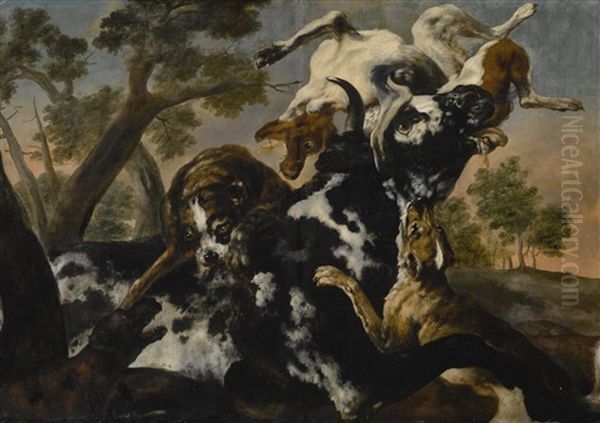 Three Dogs Attacking A Cow Oil Painting by Paul de Vos