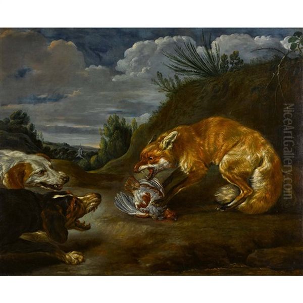 Fuchs Und Hundepaar Im Streit Um Die Beute Oil Painting by Paul de Vos