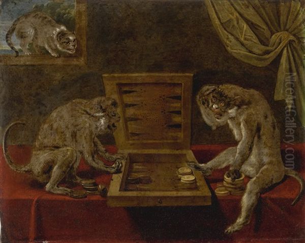 Monkeys Playing Backgammon Watched By A Cat Oil Painting by Paul de Vos