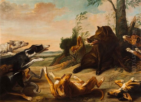 Wild Boar Attacked By Hunting Dogs Oil Painting by Paul de Vos