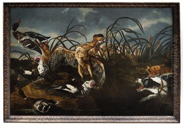 Butor Et Canards Attaque Par Deux Chiens Oil Painting by Paul de Vos