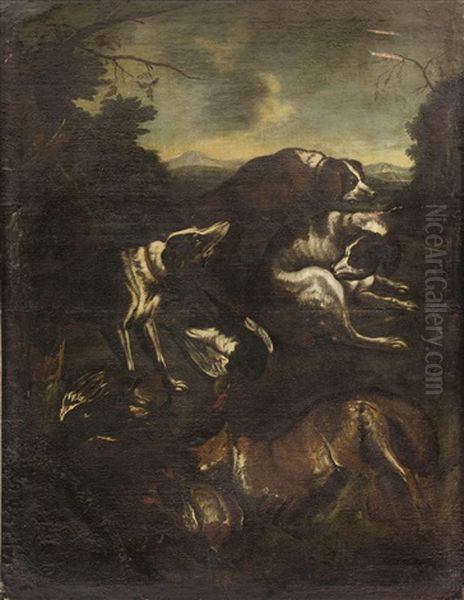 Drei Jagdhunde In Landschaft Nach Vollbrachter Jagd Oil Painting by Paul de Vos