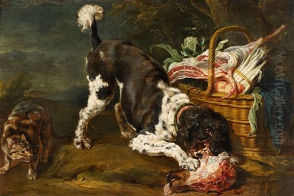 Dog And Cat At A Basket With Meat, Asparagus And Artichoke Oil Painting by Paul de Vos