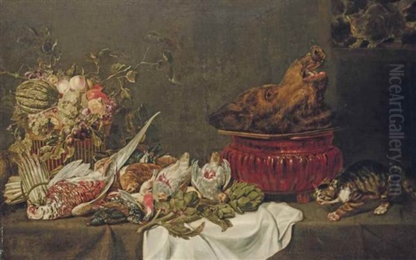 A Boar's Head On A Platter With A Pheasant, Partridges, Snipes And Other Birds With Artichokes And Asparagus, Grapes, Pears And Other Fruit In A Wicker Basket, And Cats by Paul de Vos