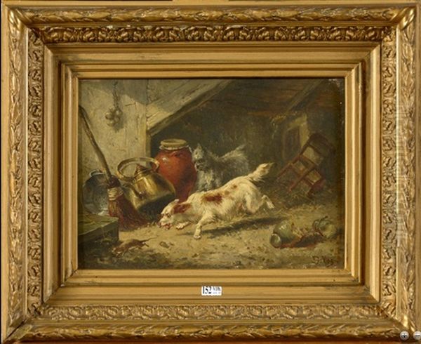 Chiens Chassant Une Souris Dans La Grange Oil Painting by Vincent de Vos