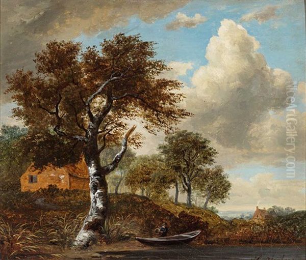 Herbstliche Flusslandschaft Mit Nachen by Heinrich Vosberg