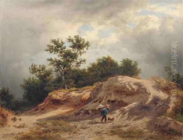 Heidelandschaft Bei Aufziehendem Gewitter Mit Wanderndem Knaben Und Hund by Heinrich Vosberg