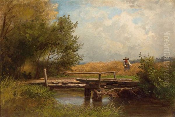 Sommerliche Landschaft Mit Grosem Weizenfeld, Schnitter, Bachlauf Und Kleiner Holzbrucke Oil Painting by Heinrich Vosberg