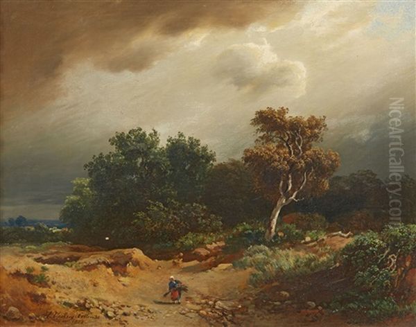 Landscape With Peasants Collecting Firewood Oil Painting by Heinrich Vosberg