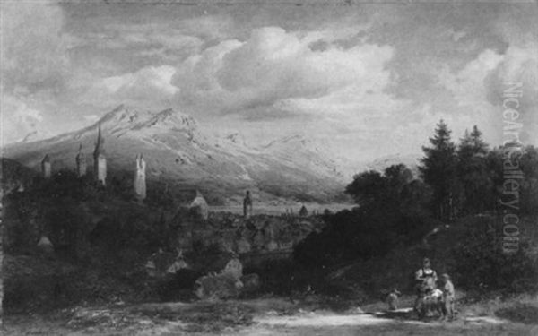 Alpenlandschaft Mit Einer Stadt Am See (luzern?) by Heinrich Vosberg