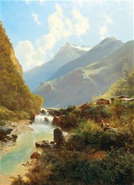 By The Mountain Torrent Oil Painting by Leopold Heinrich Voescher