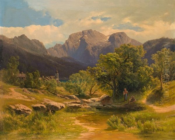 Blick Auf Den Traunsee Oil Painting by Leopold Heinrich Voescher