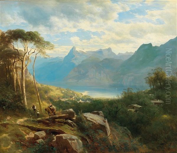 A View Of Lake Lucerne And The Bernese Highlands by Leopold Heinrich Voescher