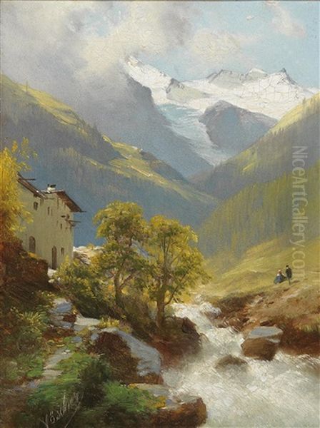 Mountain Landscape With Glacier In The Background Oil Painting by Leopold Heinrich Voescher