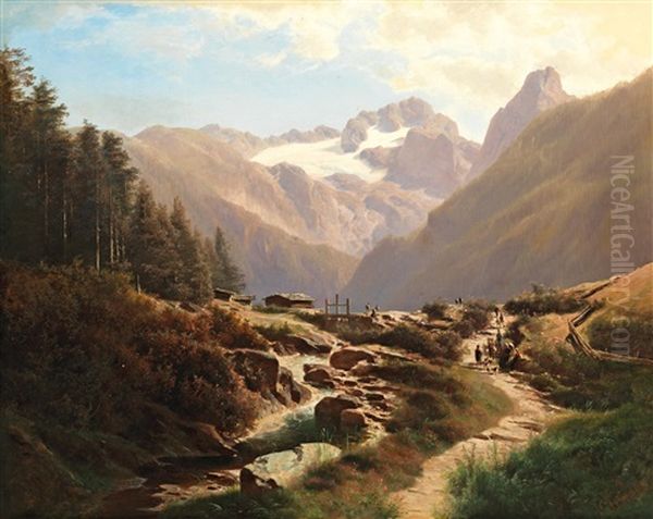 Blick Auf Den Dachstein Oil Painting by Leopold Heinrich Voescher