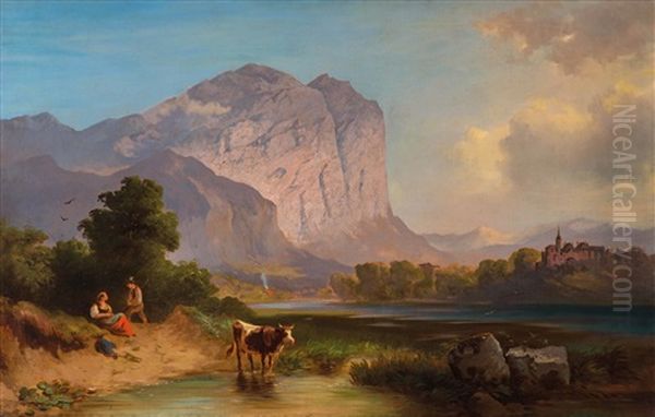 Martinswand Bei Innsbruck Mit Burg Martinsbuhel Oil Painting by Leopold Heinrich Voescher