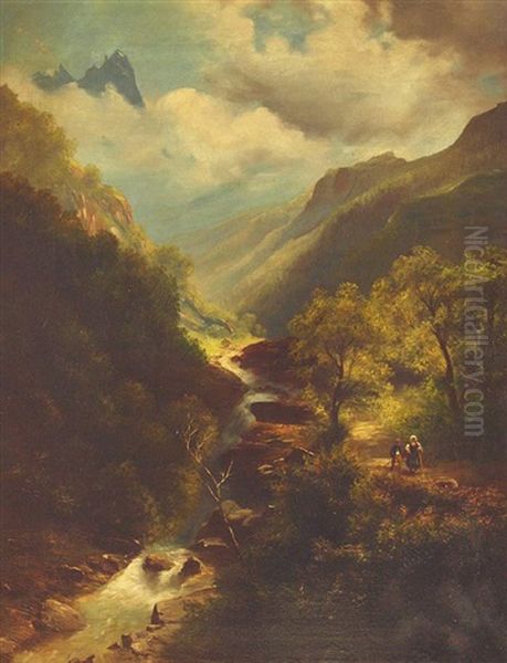 Aus Dem Engadin, Hochgebirgstal Mit Bachlauf Und Spaziergangern Oil Painting by Leopold Heinrich Voescher