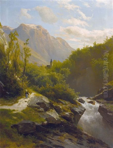 Sommerliches Gebirgsbachtal Oil Painting by Leopold Heinrich Voescher