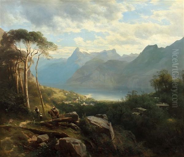 Rast In Den Bergen Mit Blick Auf Einen Gebirgssee Oil Painting by Leopold Heinrich Voescher