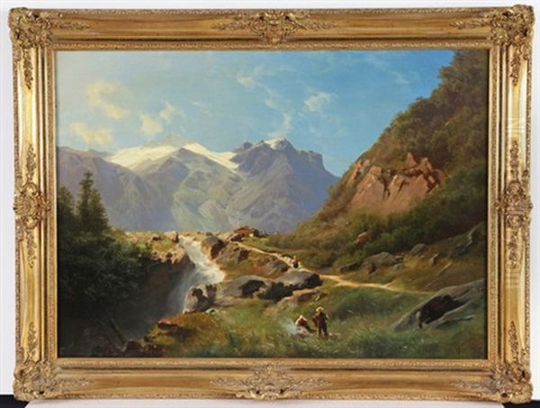 Wasserfall In Alpinem Hochgebirge Mit Staffage Oil Painting by Leopold Heinrich Voescher