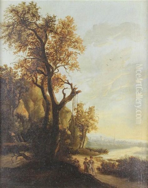 Dutch Landscape With Two Figures Oil Painting by Daniel Vosmaer