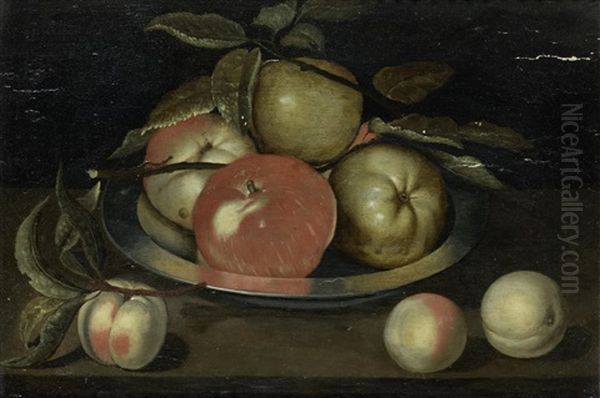 Apples In A Pewter Dish With Peaches On A Table Top Oil Painting by Jacob Woutersz Vosmaer