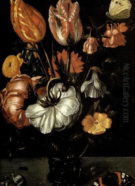 Nature Morte De Tulipes Et De Roses Dans Un Verre Rohmer Sur Un Entablement Oil Painting by Jacob Woutersz Vosmaer